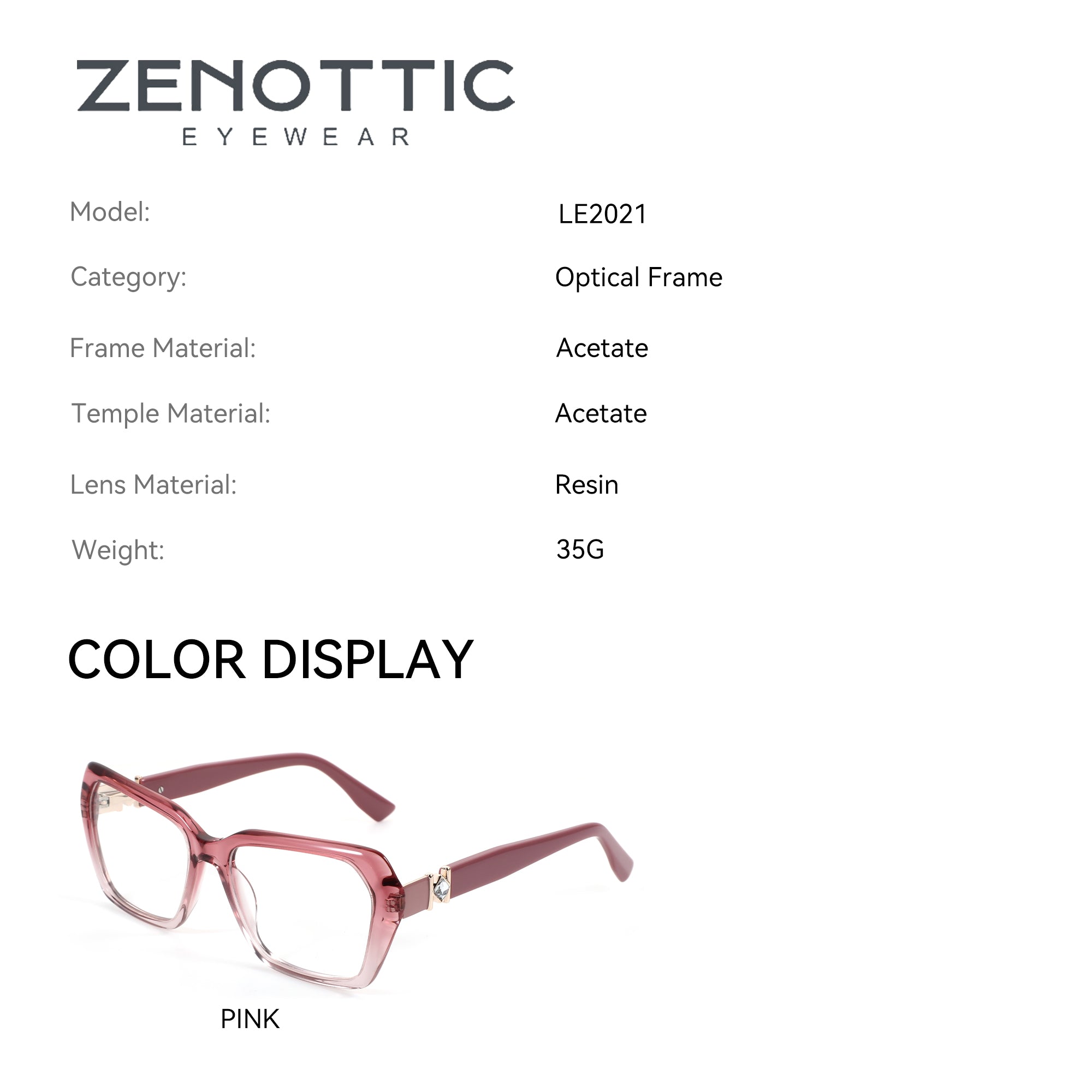 Zenottic Piper eyeglasses in pink acetate with geometric frames.