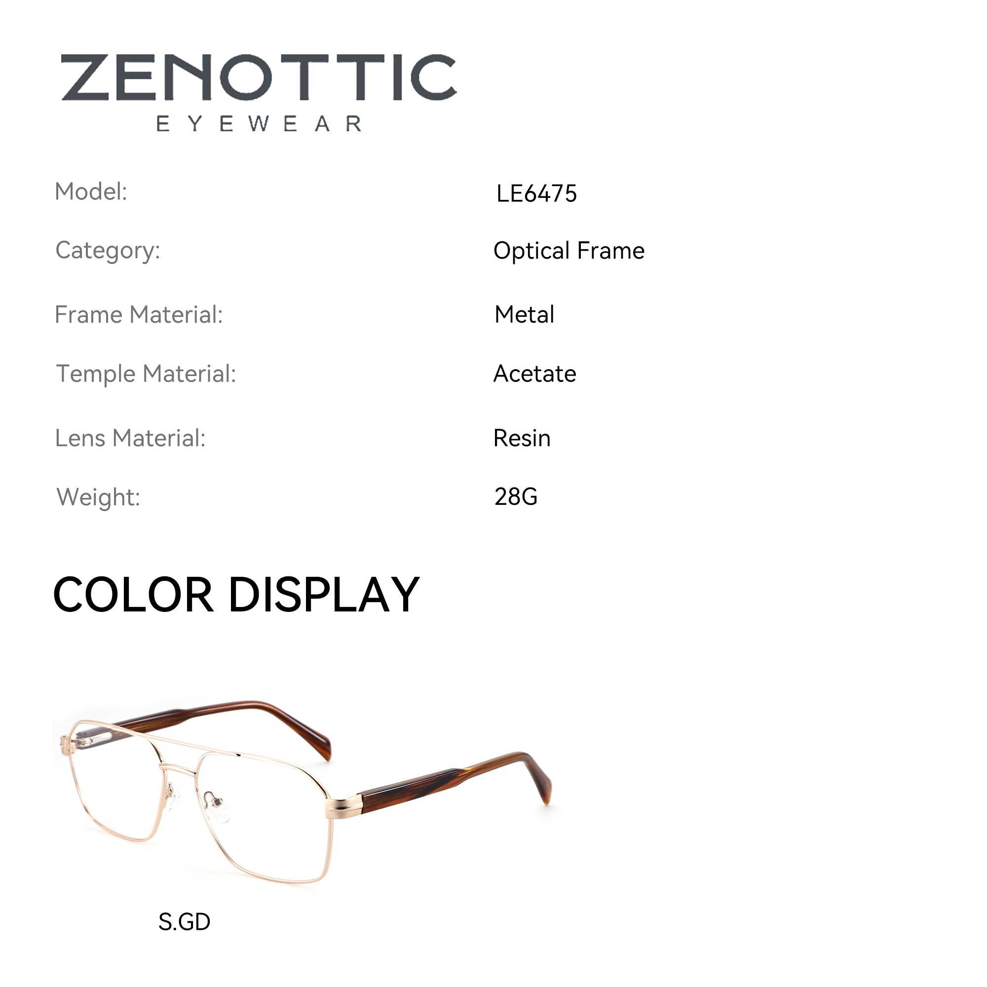 Zenottic Eyeglasses Borg LE6475 in S.GD: gold metal aviator frame with brown acetate temples.
