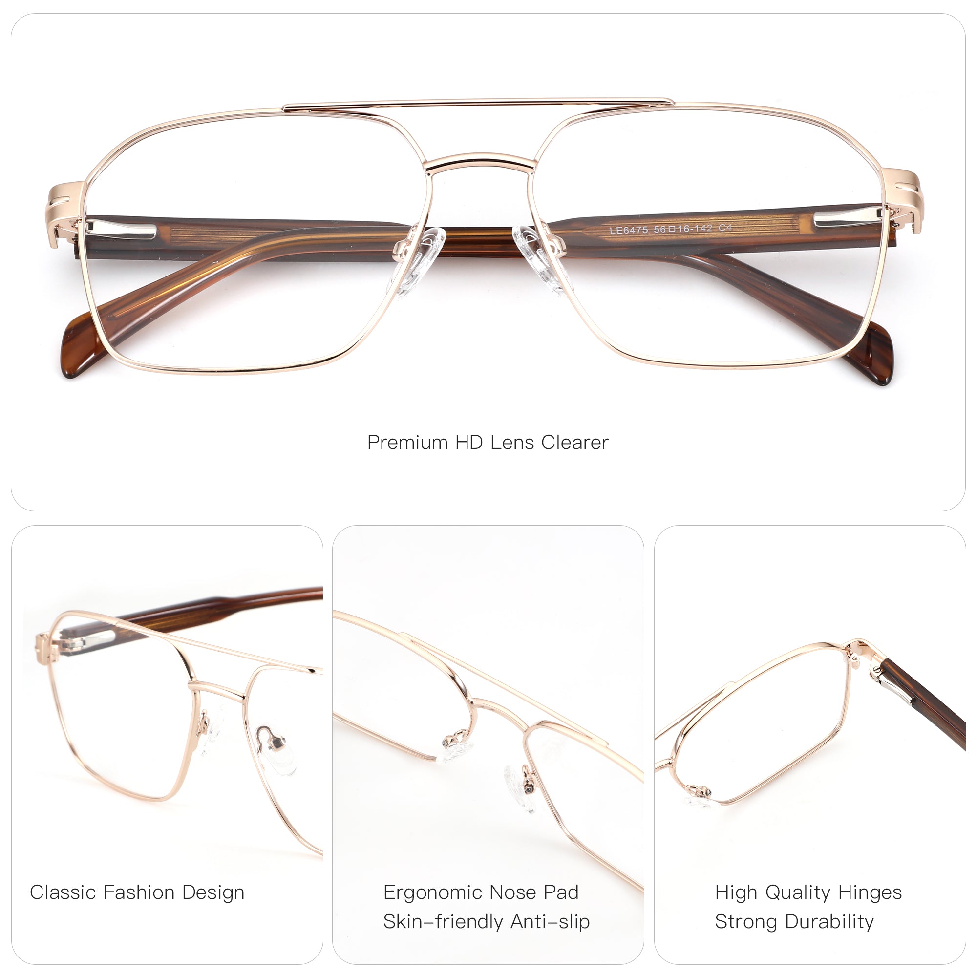 Zenottic Borg eyeglasses: gold aviator frame, brown temples, clear lenses. Premium HD lens, ergonomic nose pads, durable hinges.