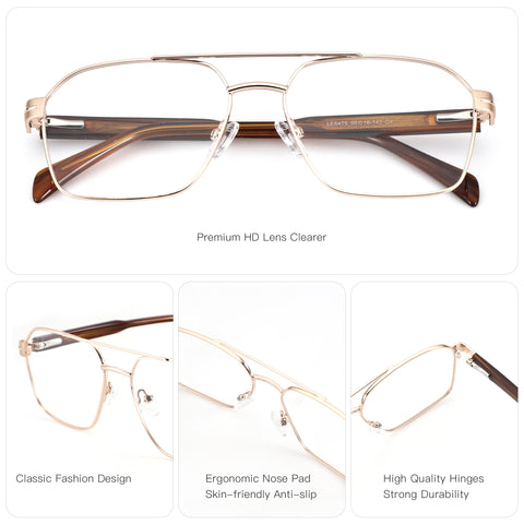 Zenottic Borg eyeglasses: gold aviator frame, brown temples, clear lenses. Premium HD lens, ergonomic nose pads, durable hinges.