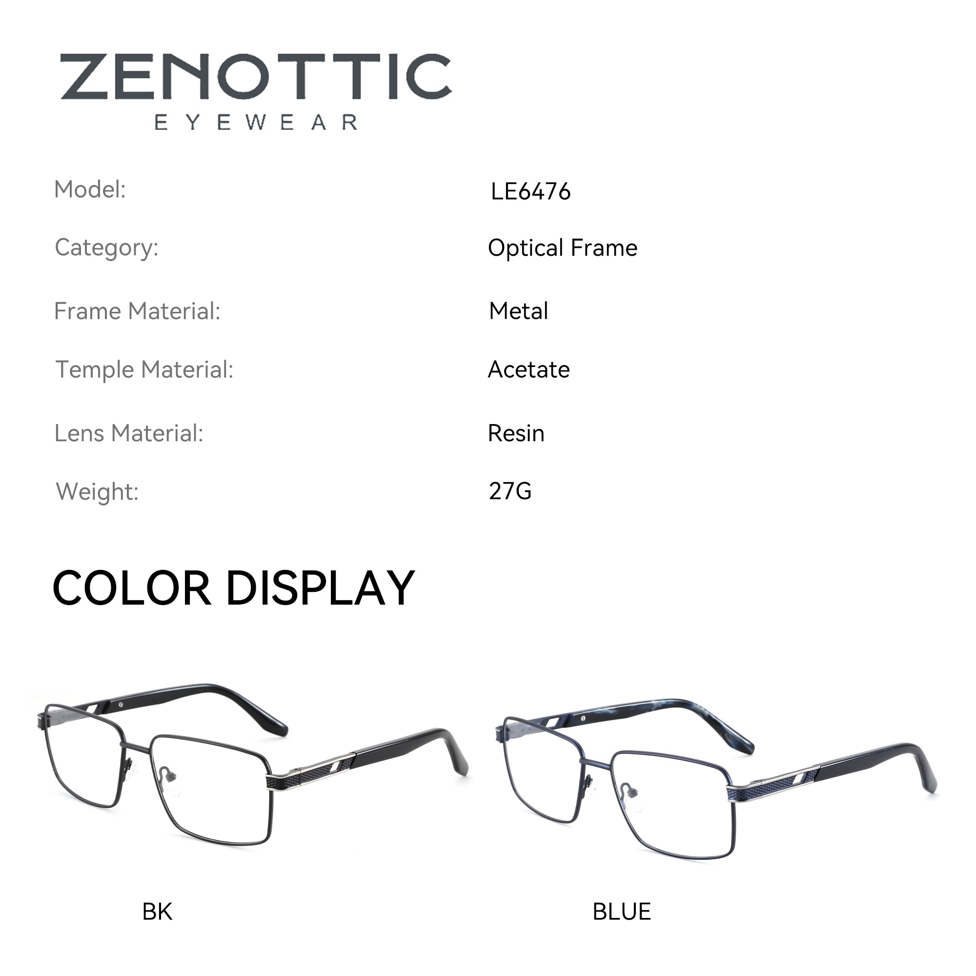 Zenottic Vincent eyeglasses: metal frame optical glasses in black and blue. Model LE6476.