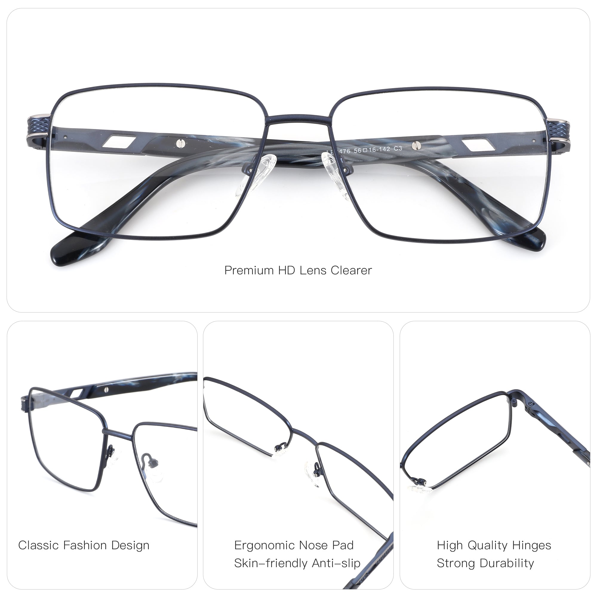 Zenottic Vincent dark blue metal square eyeglasses with patterned temples and ergonomic nose pads.