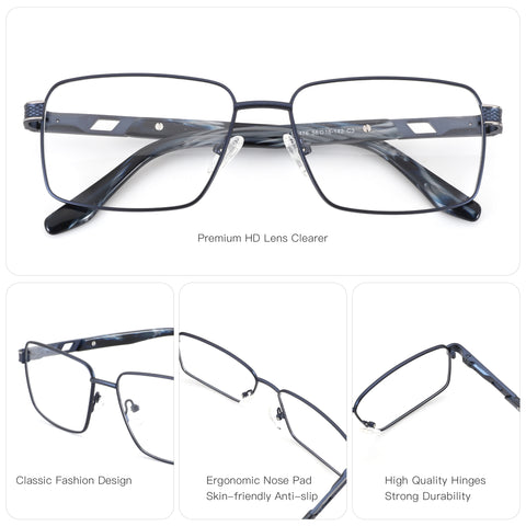 Zenottic Vincent dark blue metal square eyeglasses with patterned temples and ergonomic nose pads.