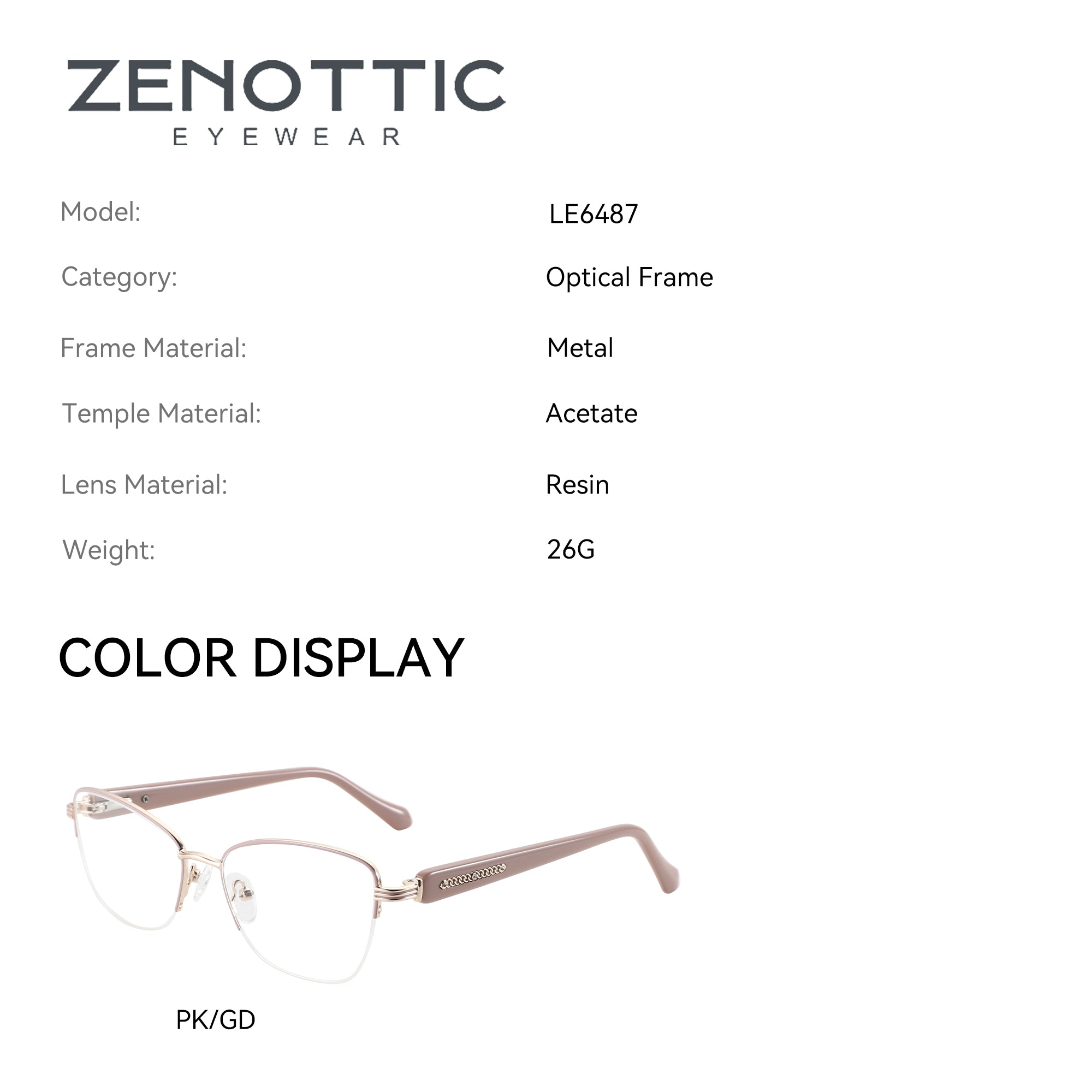 Zenottic Eyeglasses Thalassa, model LE6487, in PK/GD color. Features a metal frame with acetate temples and resin lenses.