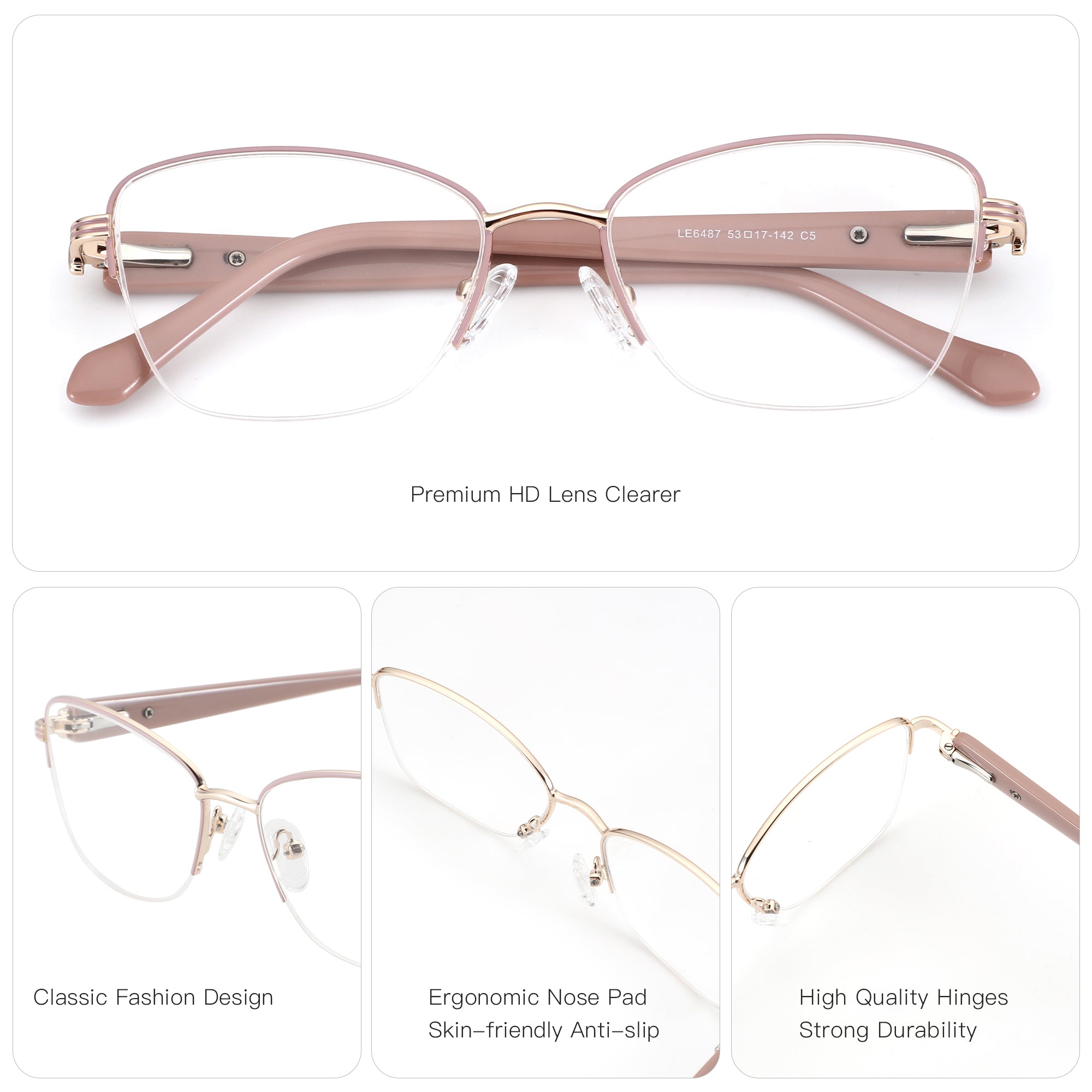 Zenottic Thalassa pink and gold metal half-rim cat-eye eyeglasses with clear lenses.