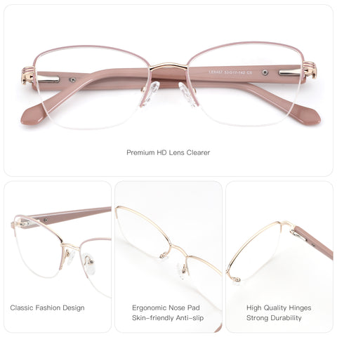 Zenottic Thalassa pink and gold metal half-rim cat-eye eyeglasses with clear lenses.