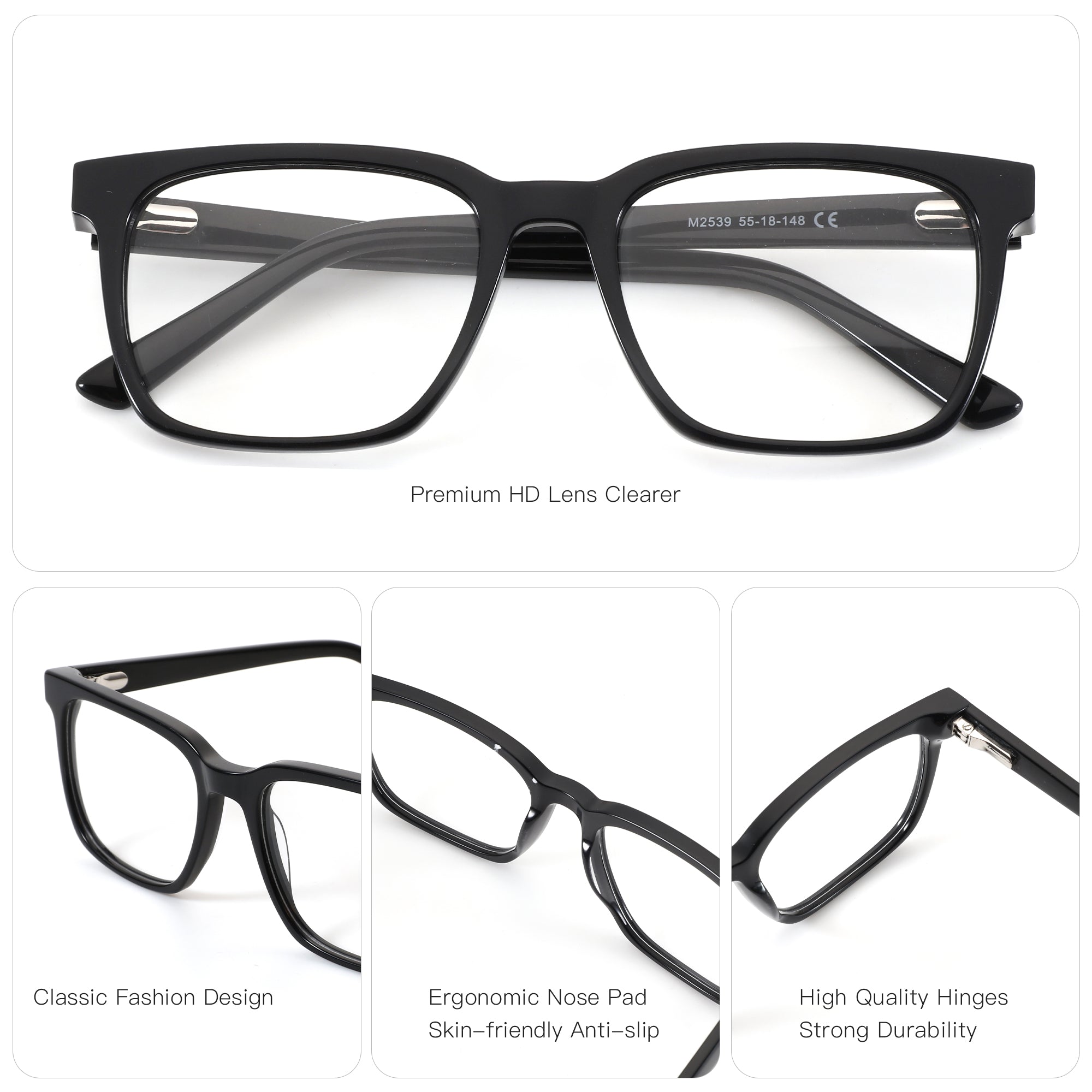 Zenottic Virgil black acetate rectangle eyeglasses with premium HD lenses, ergonomic nose pads, and high-quality hinges.
