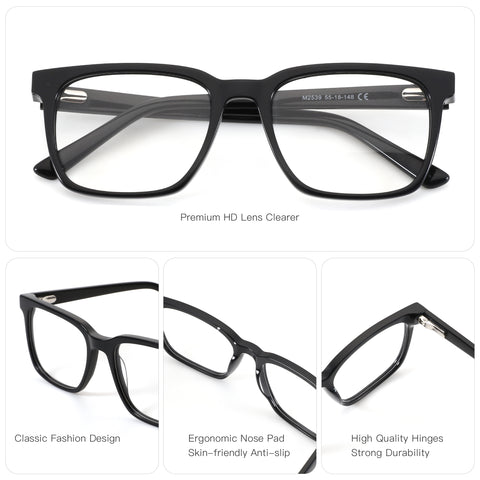 Zenottic Virgil black acetate rectangle eyeglasses with premium HD lenses, ergonomic nose pads, and high-quality hinges.