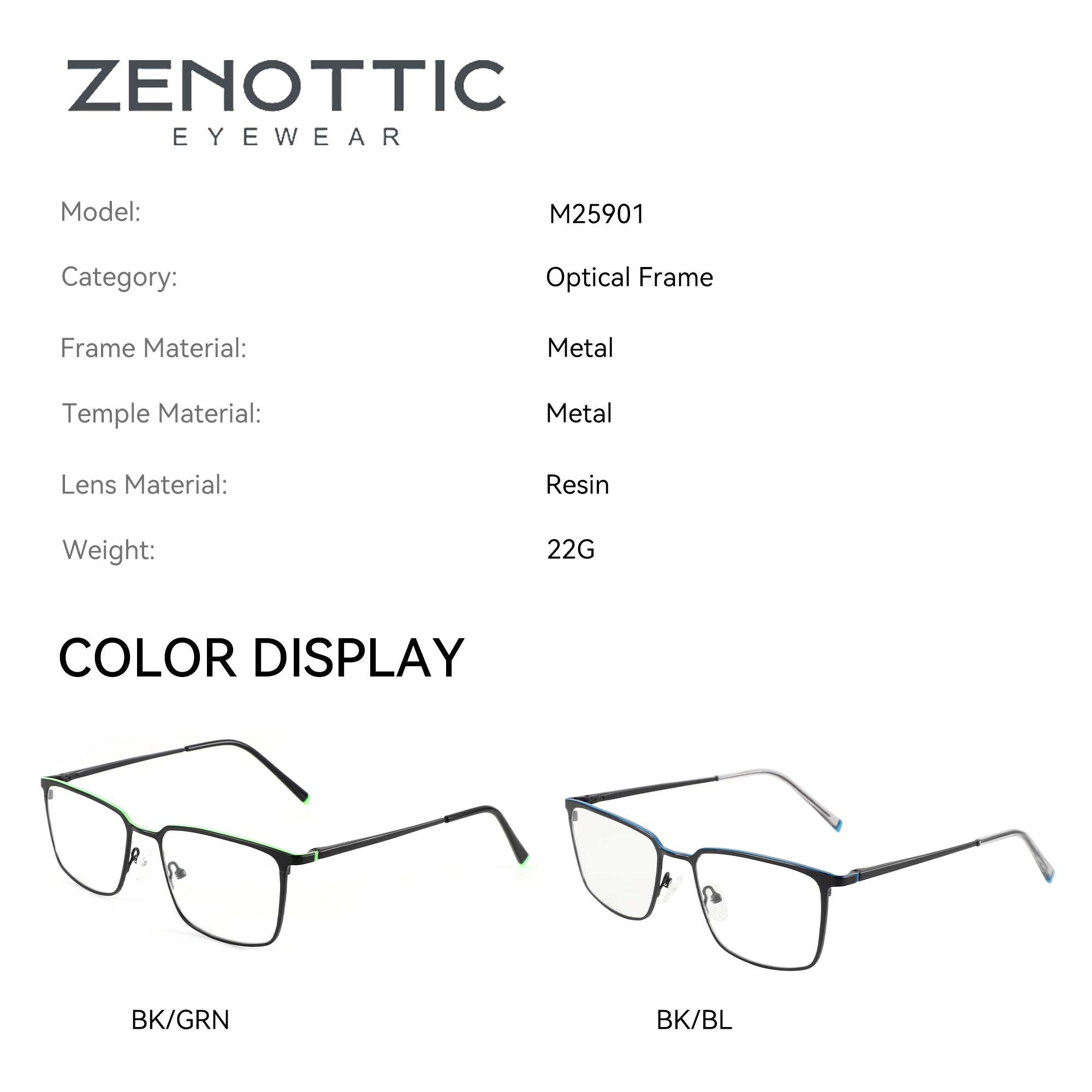 Zenottic Eyeglasses Tony metal optical frames in black with green or blue accents. Model M25901, 22g weight.