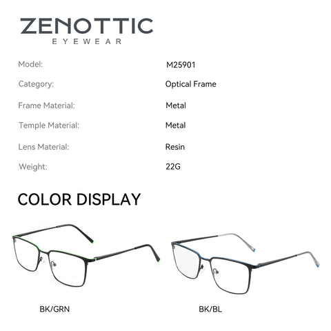Zenottic Eyeglasses Tony metal optical frames in black with green or blue accents. Model M25901, 22g weight.