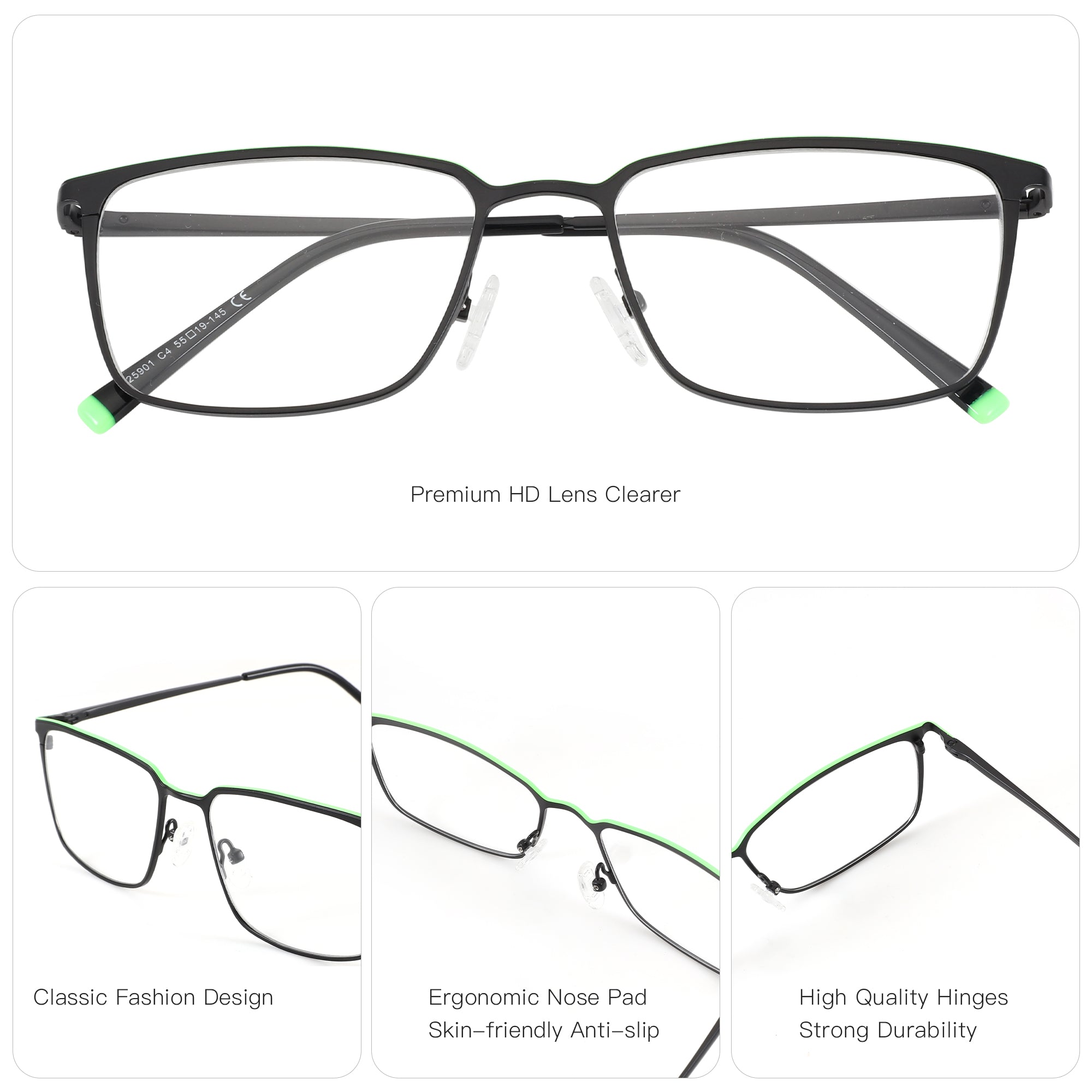 Zenottic Eyeglasses Tony black metal frame with neon green accents, 55mm lens width, 19mm bridge.