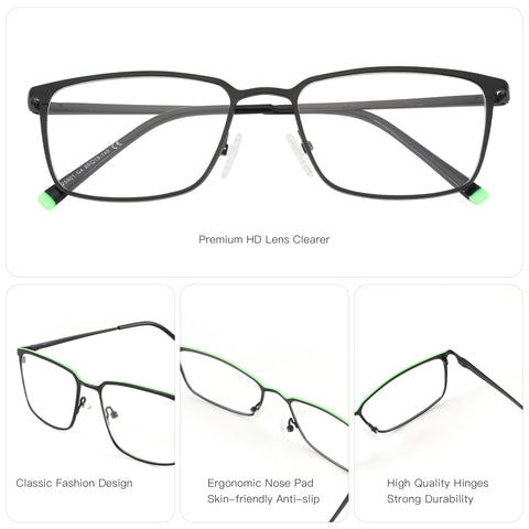 Zenottic Eyeglasses Tony black metal frame with neon green accents, 55mm lens width, 19mm bridge.