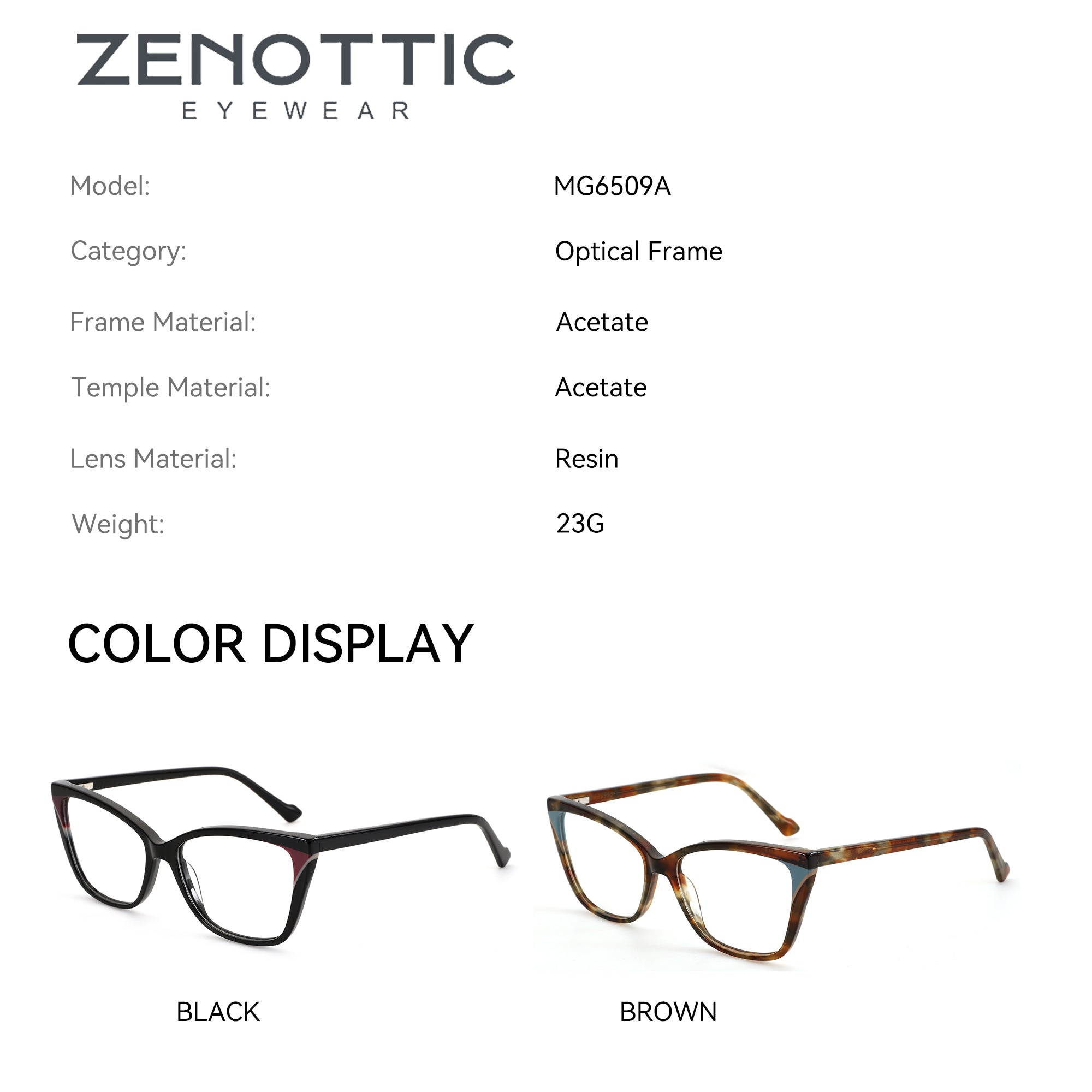Zenottic Eyeglasses Sebastiane in black and brown acetate cat-eye styles