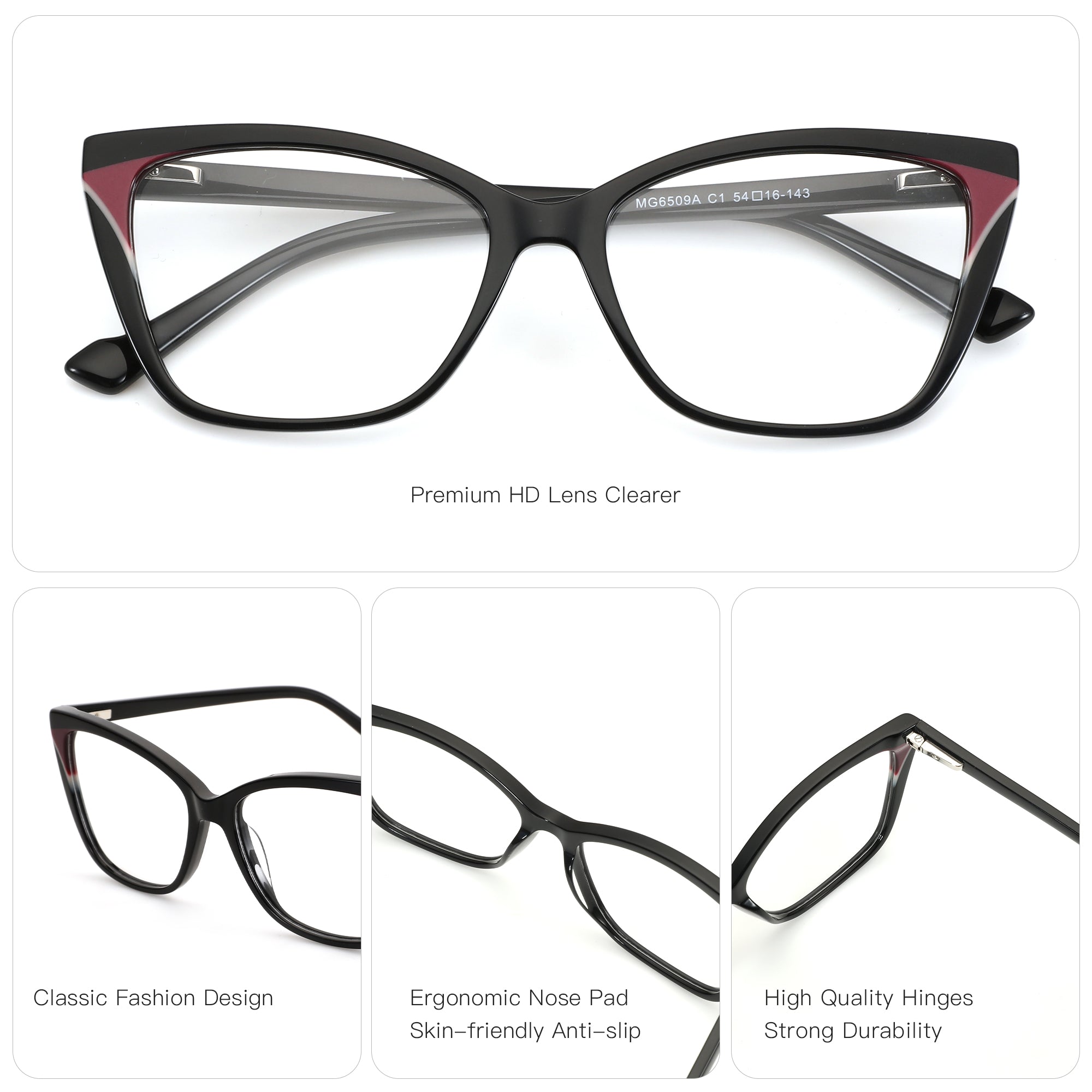 Zenottic Sebastiane black cat-eye eyeglasses with clear lenses and subtle maroon accents on the temples.