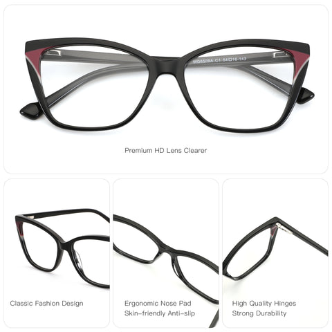 Zenottic Sebastiane black cat-eye eyeglasses with clear lenses and subtle maroon accents on the temples.