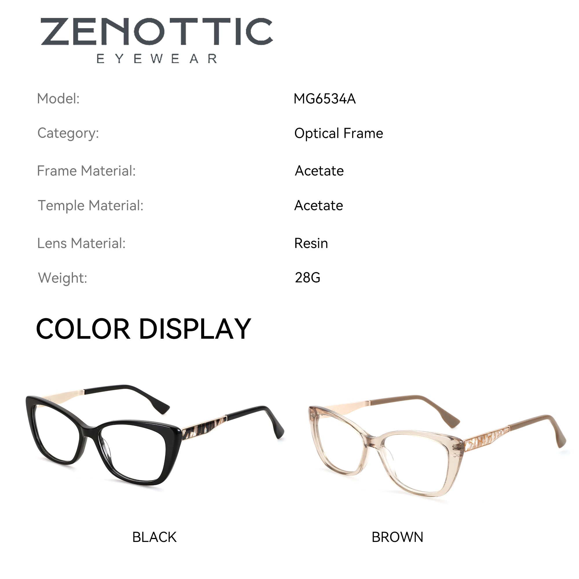 Zenottic Olga eyeglasses: acetate cat-eye frames in black and brown, resin lenses, model MG6534A.