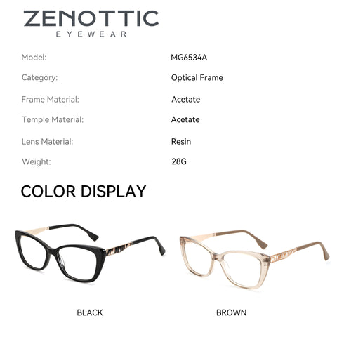 Zenottic Olga eyeglasses: acetate cat-eye frames in black and brown, resin lenses, model MG6534A.