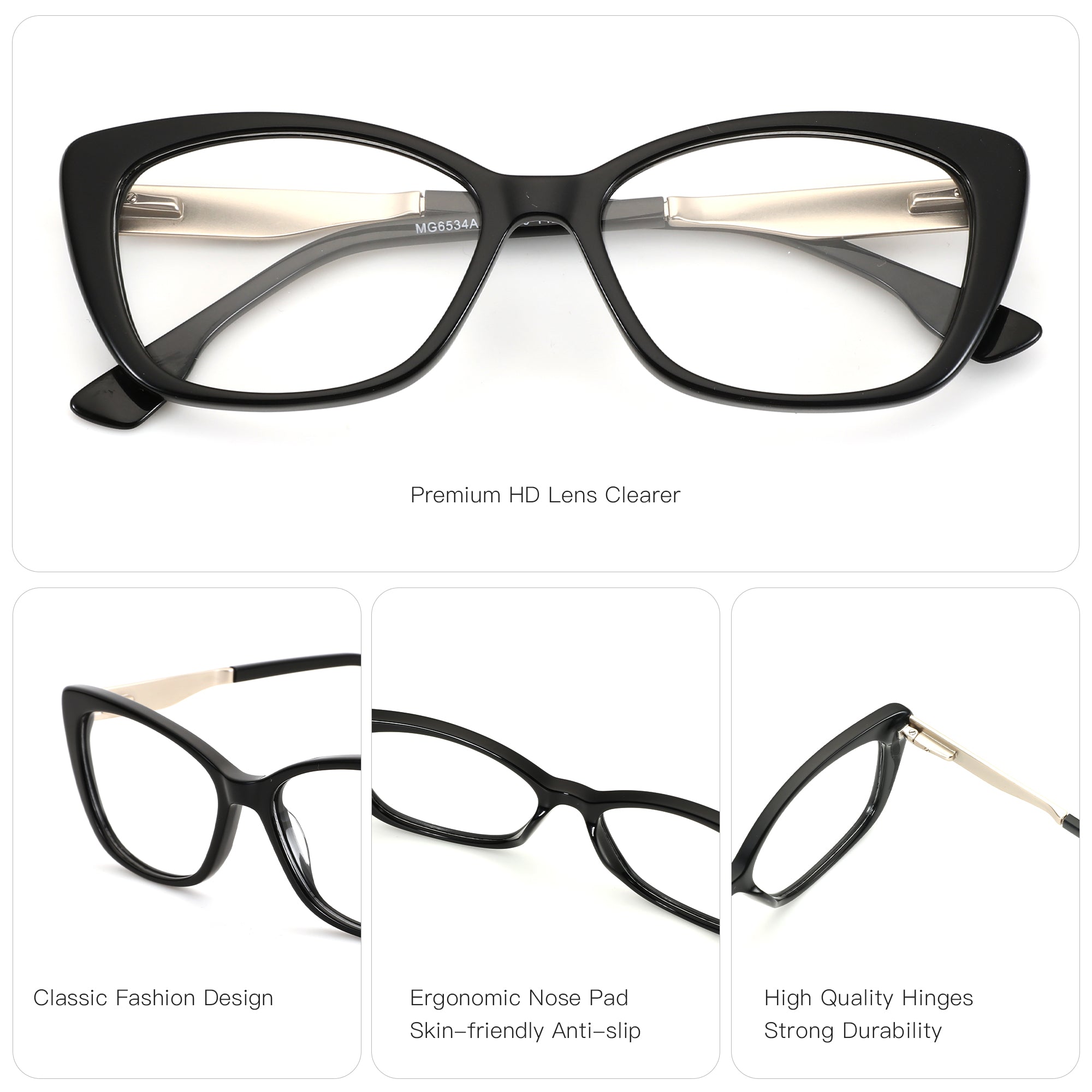 Zenottic Olga black cat-eye eyeglasses with acetate frame and metal temples. Features ergonomic nose pads and durable hinges.