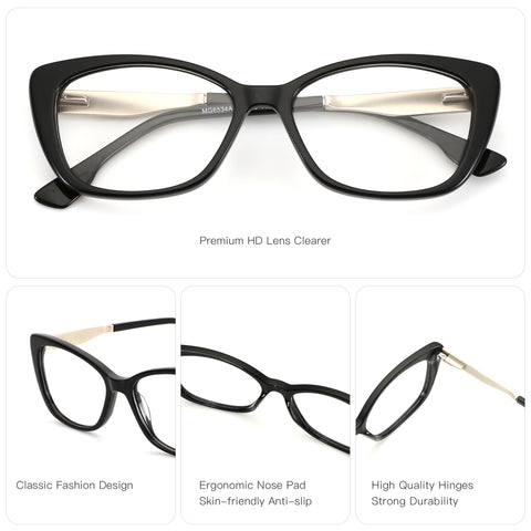 Zenottic Olga black cat-eye eyeglasses with acetate frame and metal temples. Features ergonomic nose pads and durable hinges.