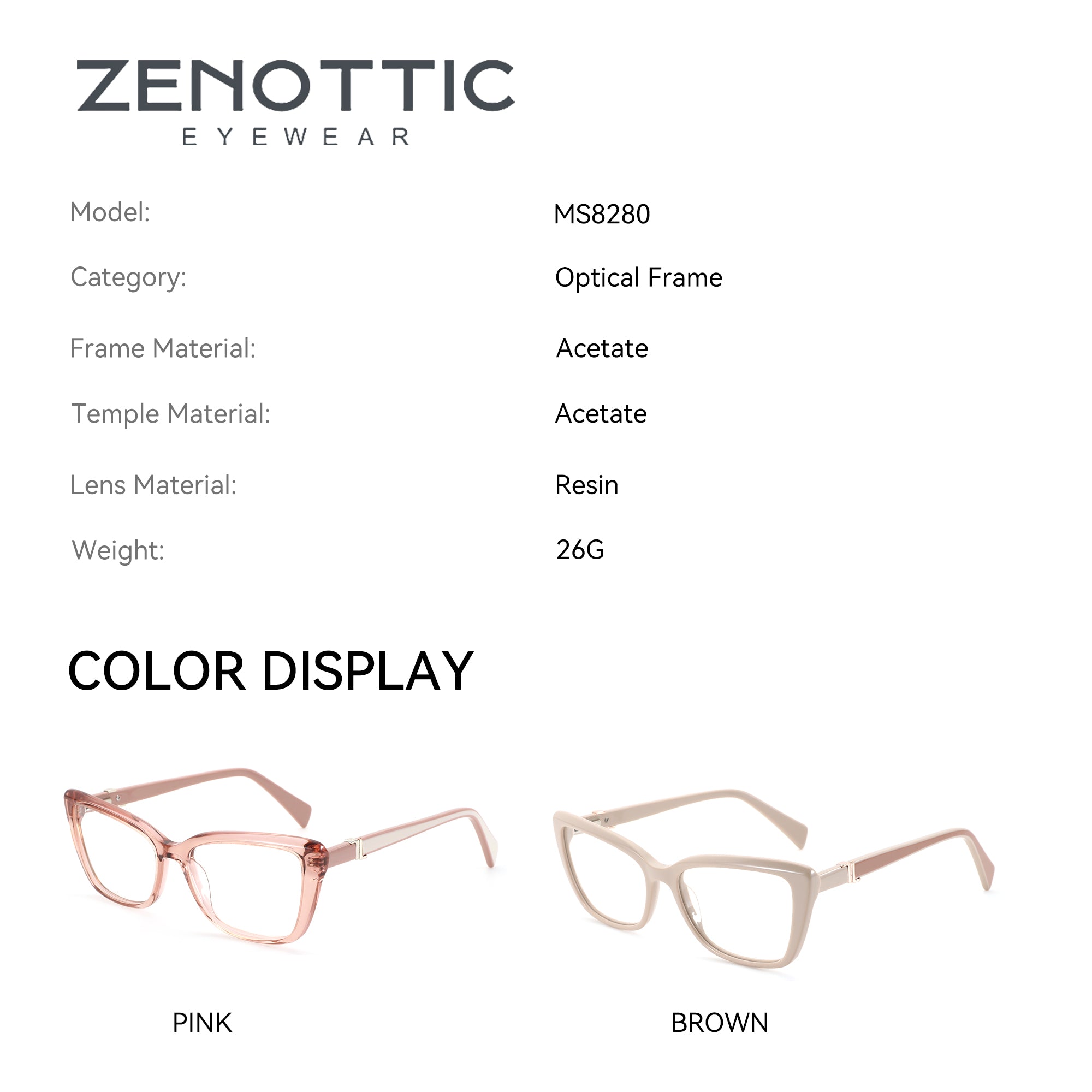 Zenottic Anja eyeglasses in pink and brown acetate, model MS8280 optical frame with resin lenses.