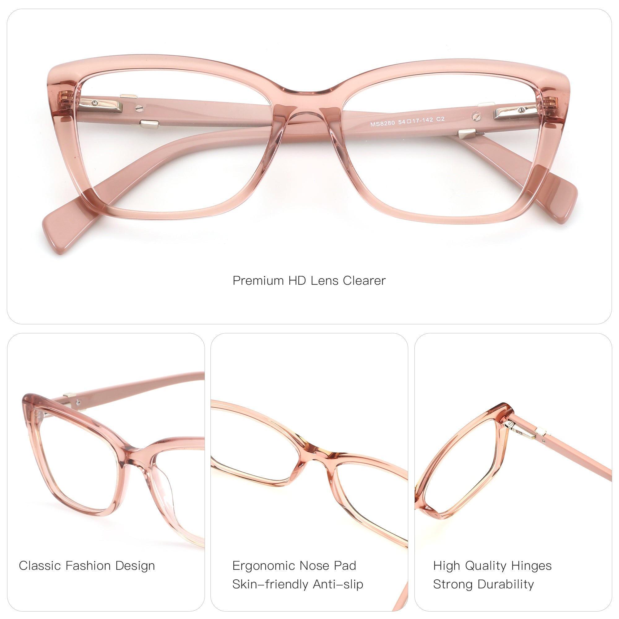 Zenottic Anja pink acetate cat-eye eyeglasses with premium HD clear lenses and high-quality hinges.