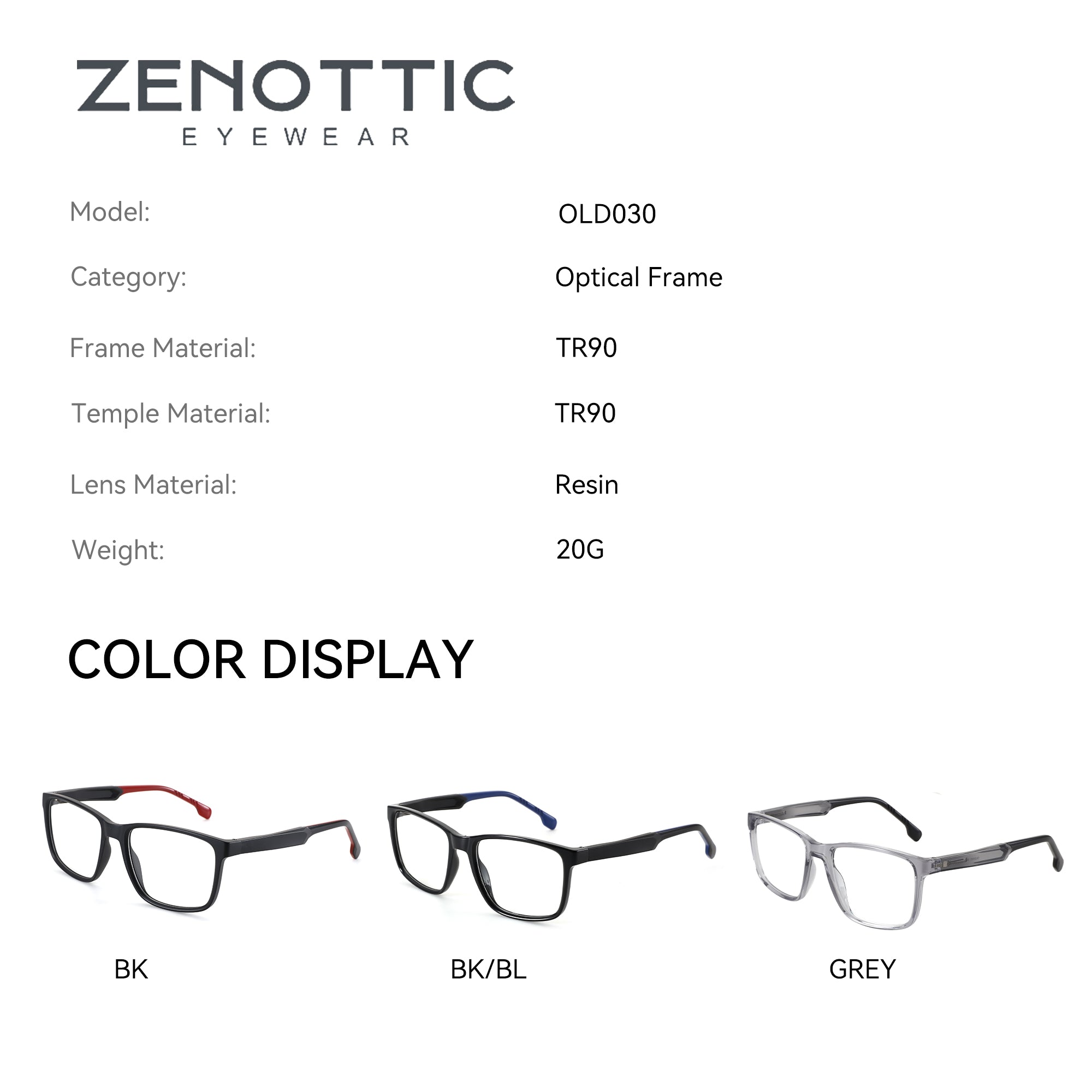 Zenottic Raphael eyeglasses: TR90 frame, resin lens. Available in Black (BK), Black/Blue (BK/BL), and Grey.