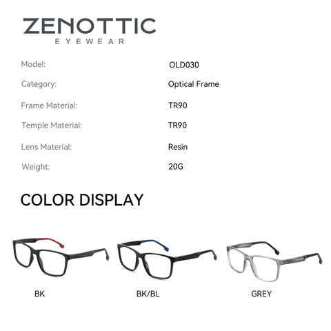 Zenottic Raphael eyeglasses: TR90 frame, resin lens. Available in Black (BK), Black/Blue (BK/BL), and Grey.