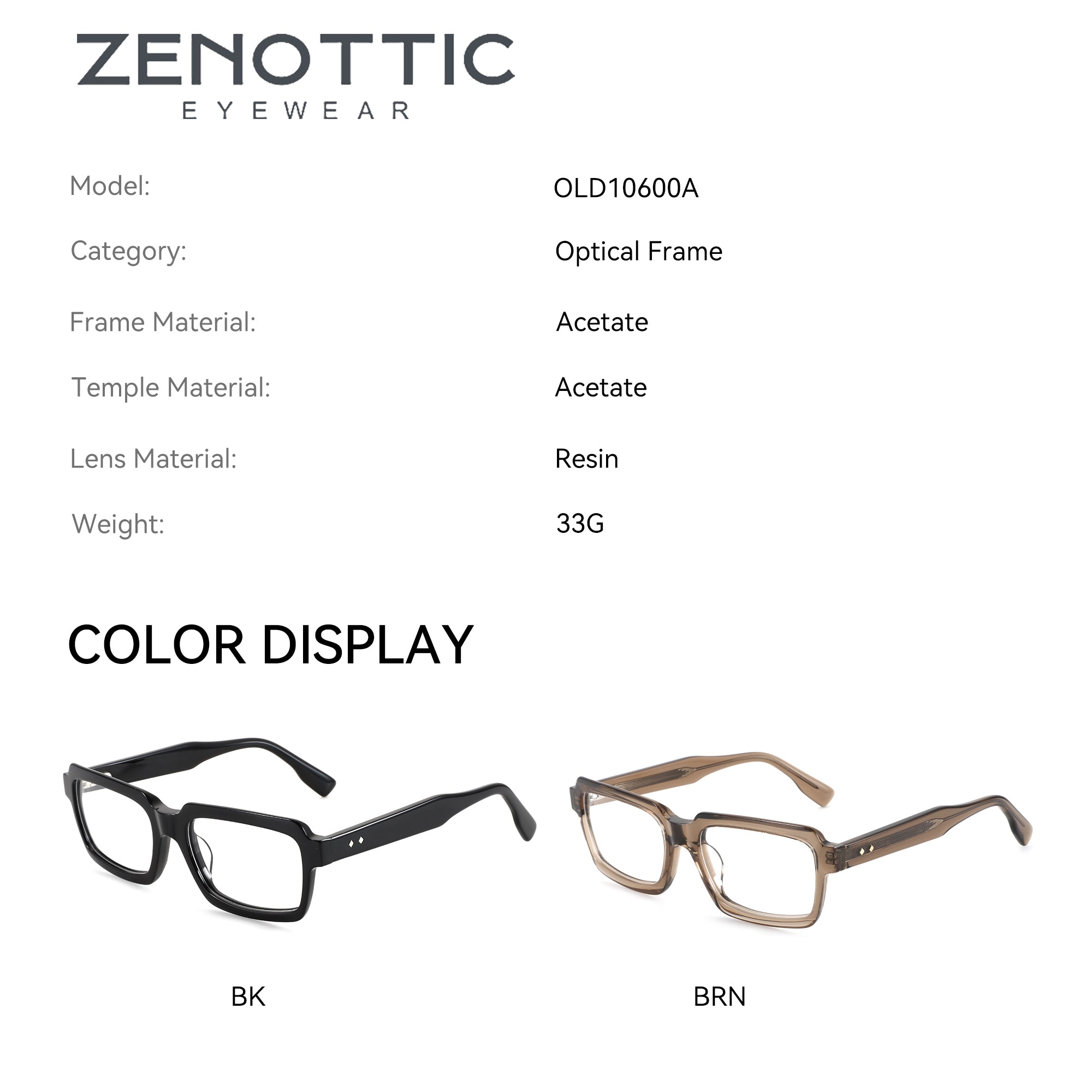 Zenottic Riley optical frames in black acetate and brown acetate. Acetate frame, resin lens, 33g weight.