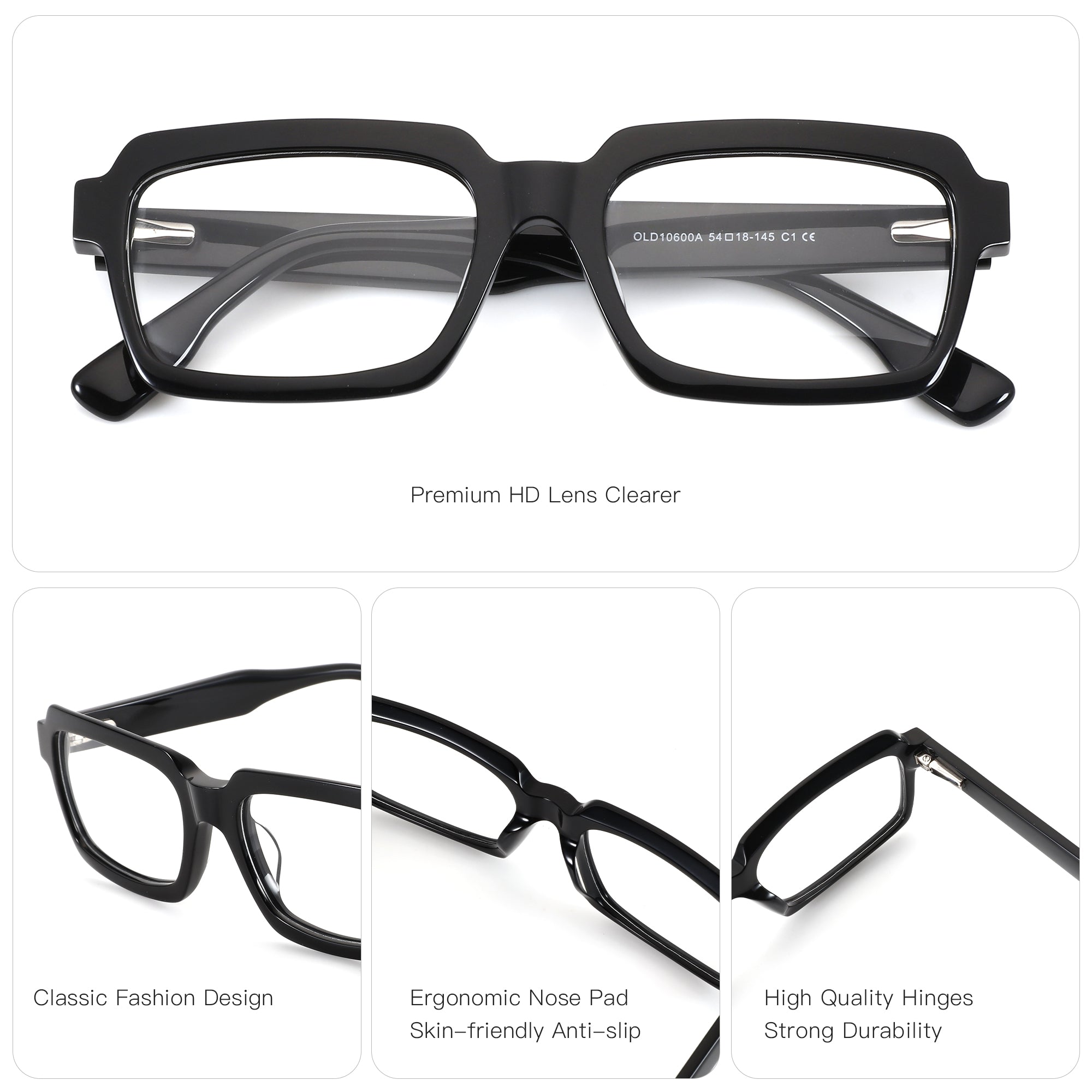 Zenottic Riley black acetate eyeglasses with classic square frame, ergonomic nose pads, and durable hinges.