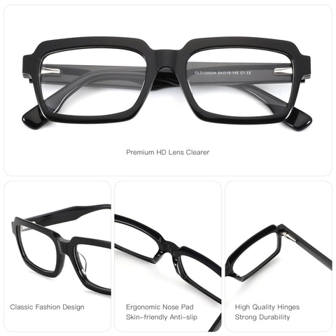 Zenottic Riley black acetate eyeglasses with classic square frame, ergonomic nose pads, and durable hinges.