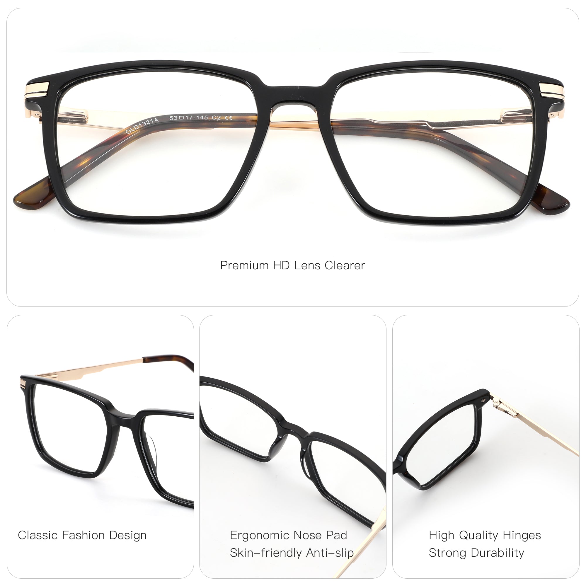 Zenottic Andy black acetate square eyeglasses with gold temples and clear lenses.