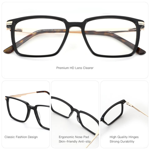 Zenottic Andy black acetate square eyeglasses with gold temples and clear lenses.