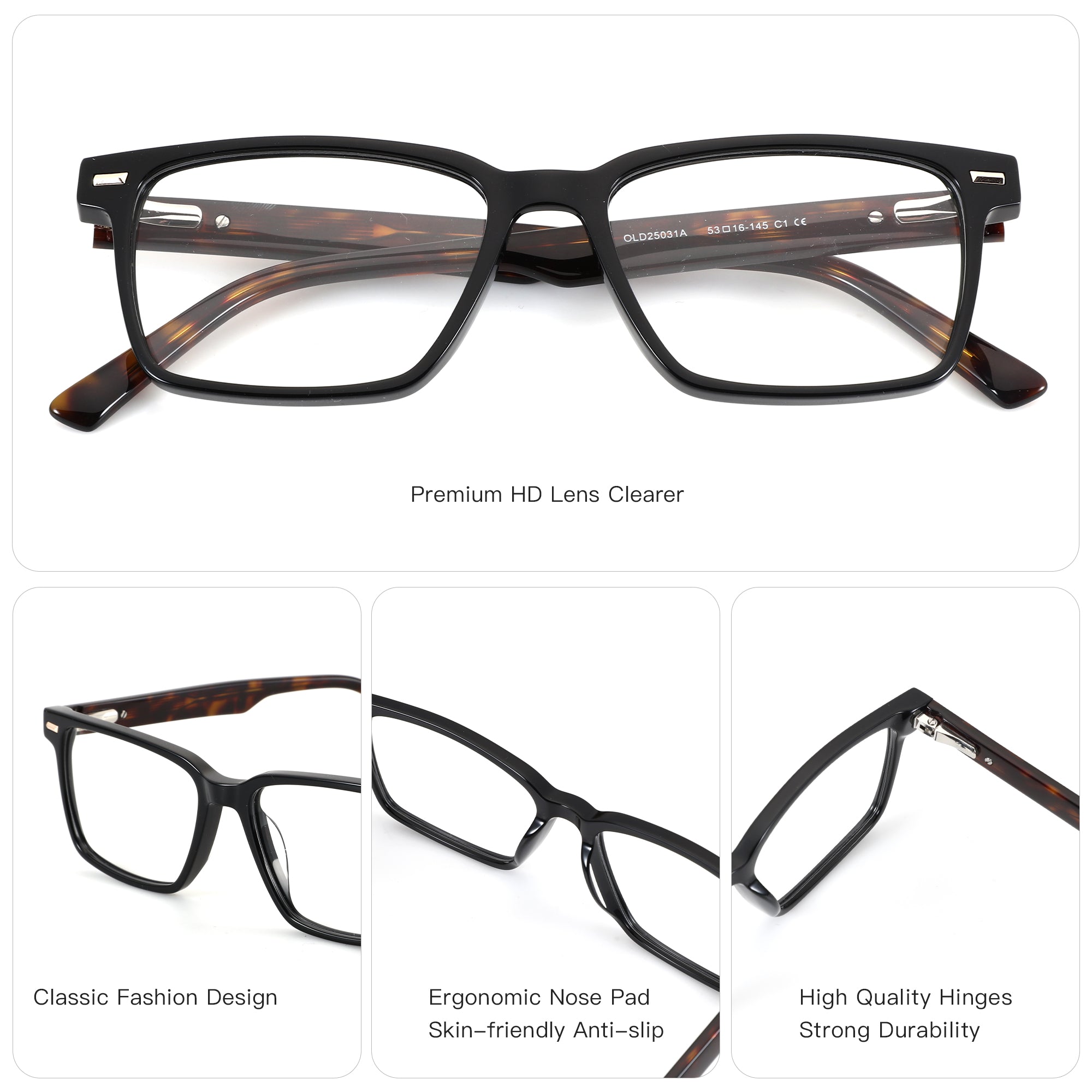 Zenottic Arnold black acetate eyeglasses with tortoise shell arms and clear lenses.