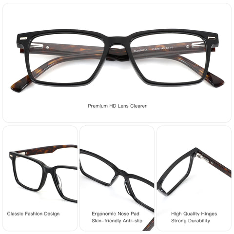 Zenottic Arnold black acetate eyeglasses with tortoise shell arms and clear lenses.