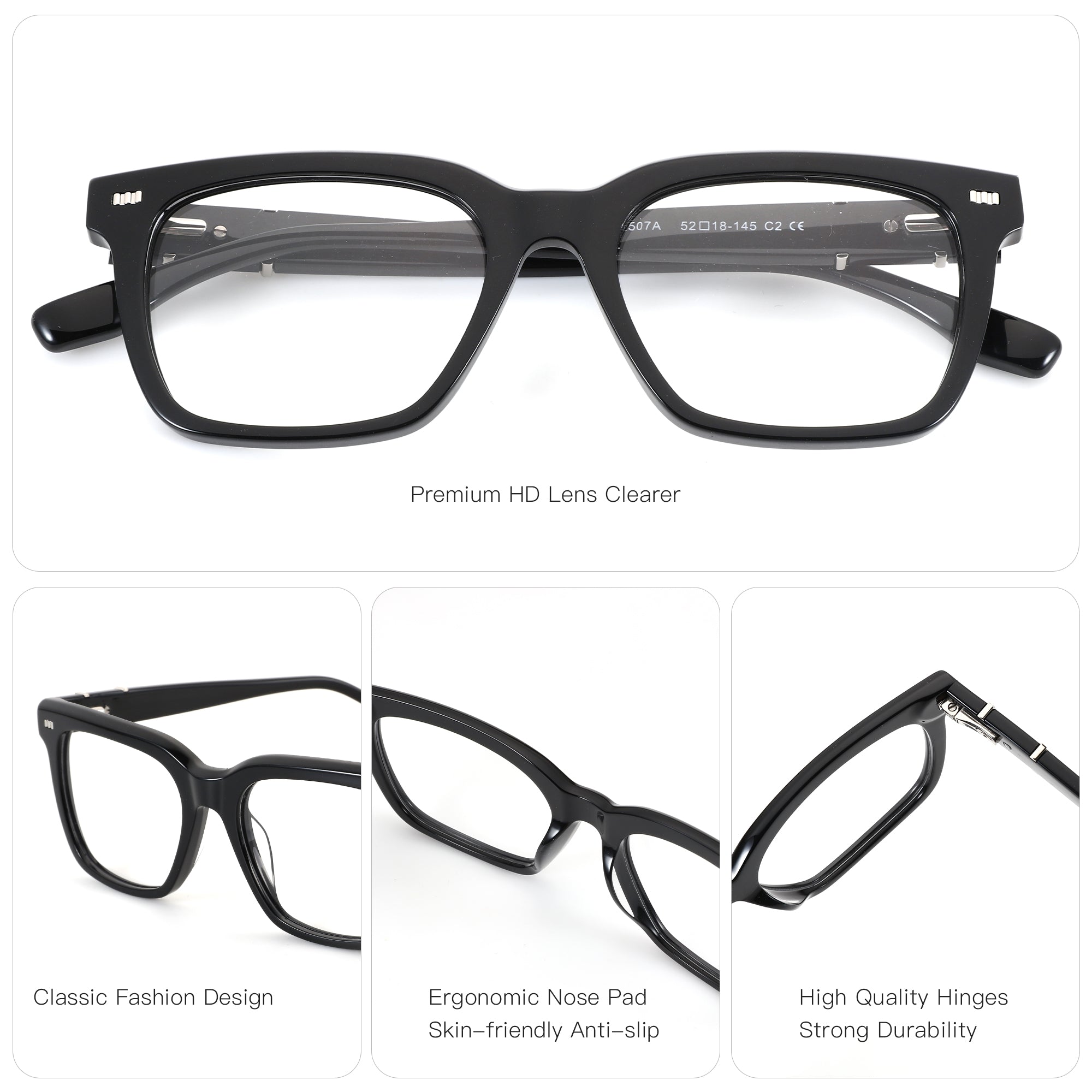 Black square Zenottic Antonio eyeglasses with classic fashion design, ergonomic nose pad, and high-quality hinges.