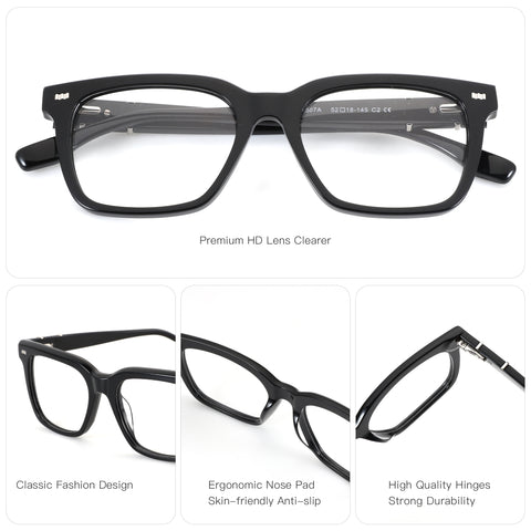 Black square Zenottic Antonio eyeglasses with classic fashion design, ergonomic nose pad, and high-quality hinges.