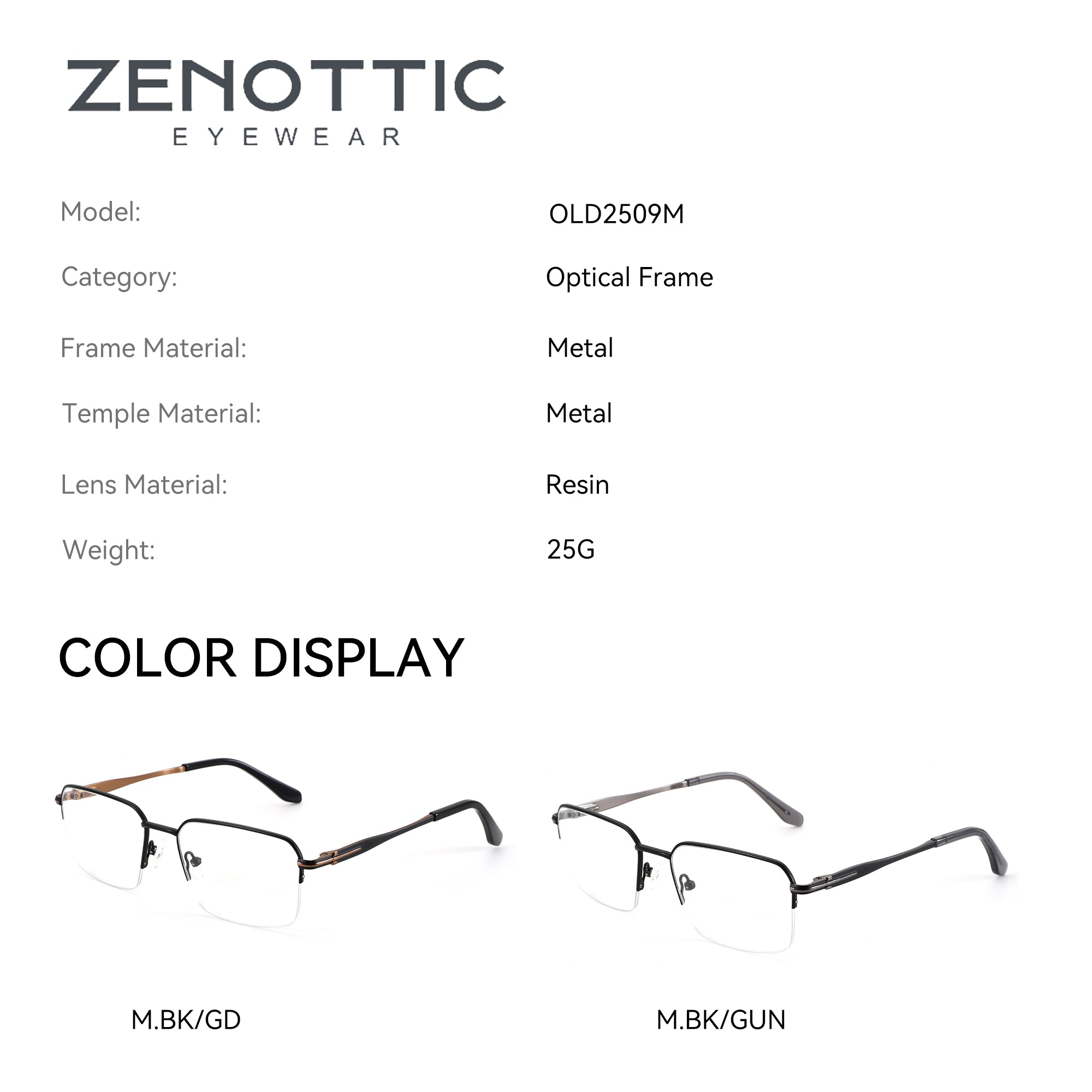 Zenottic Eyeglasses Barlow model OLD2509M, metal frame with gold accents, half-rim design.