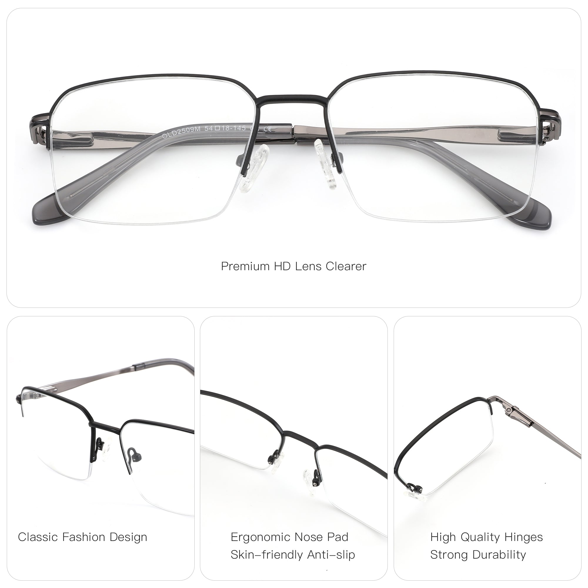 Zenottic Barlow eyeglasses: metal half-rim, clear lenses, classic design, ergonomic nose pads, durable hinges.