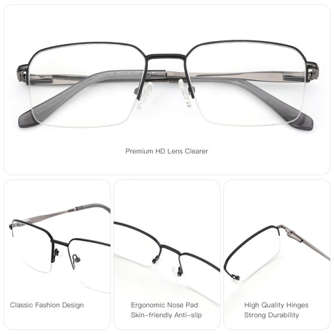 Zenottic Barlow eyeglasses: metal half-rim, clear lenses, classic design, ergonomic nose pads, durable hinges.