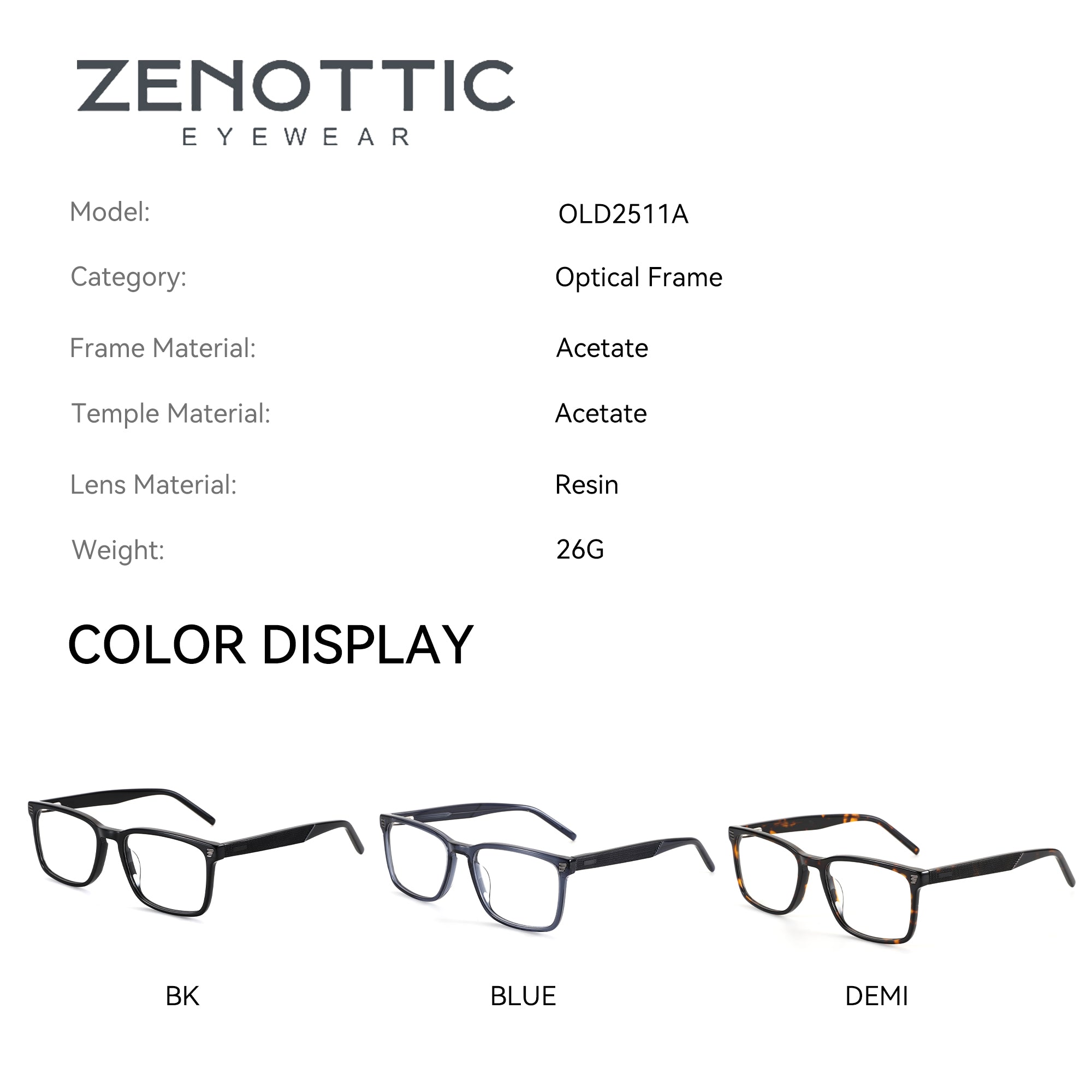 Zenottic Bernard eyeglasses in black, blue, and demi tortoise acetate frames.