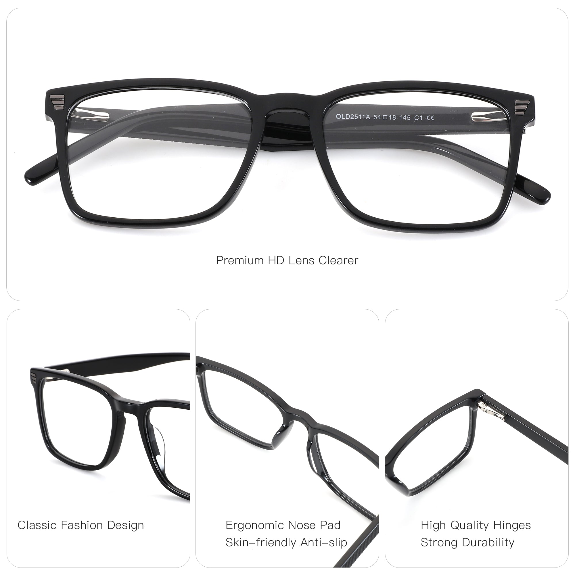Zenottic Bernard black acetate eyeglasses with classic square frames and premium HD clear lenses.