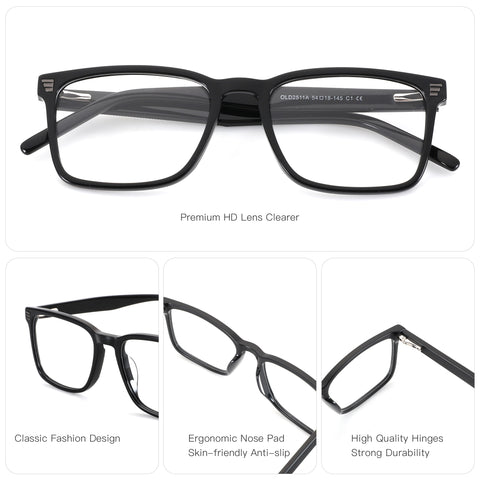 Zenottic Bernard black acetate eyeglasses with classic square frames and premium HD clear lenses.