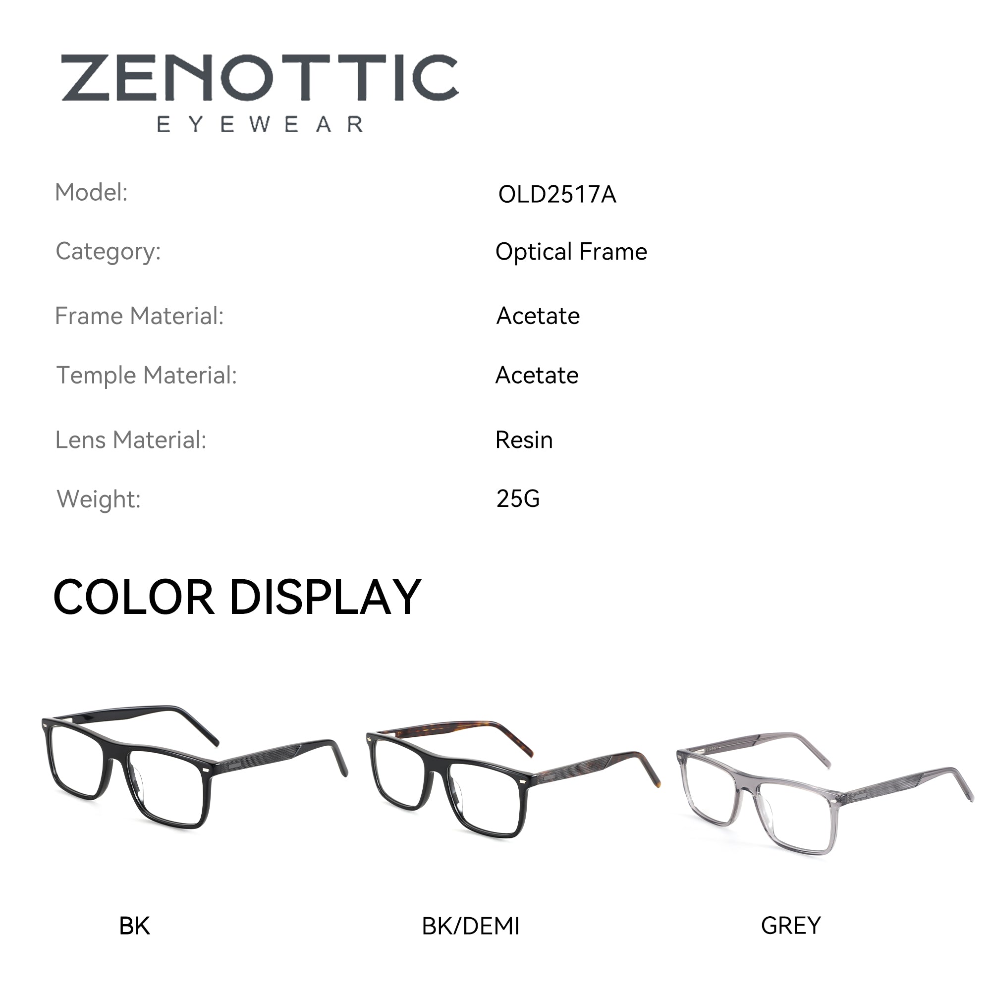Zenottic Eyeglasses Bert in black, black demi, and grey acetate frame options. Model OLD2517A.