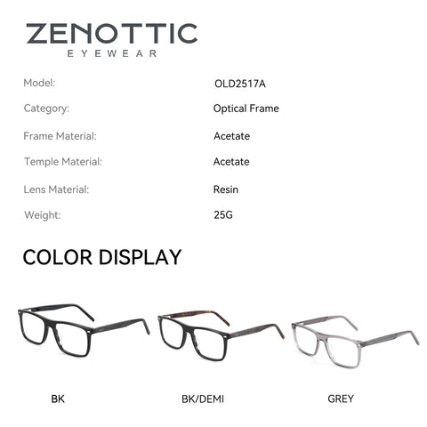 Zenottic Eyeglasses Bert in black, black demi, and grey acetate frame options. Model OLD2517A.