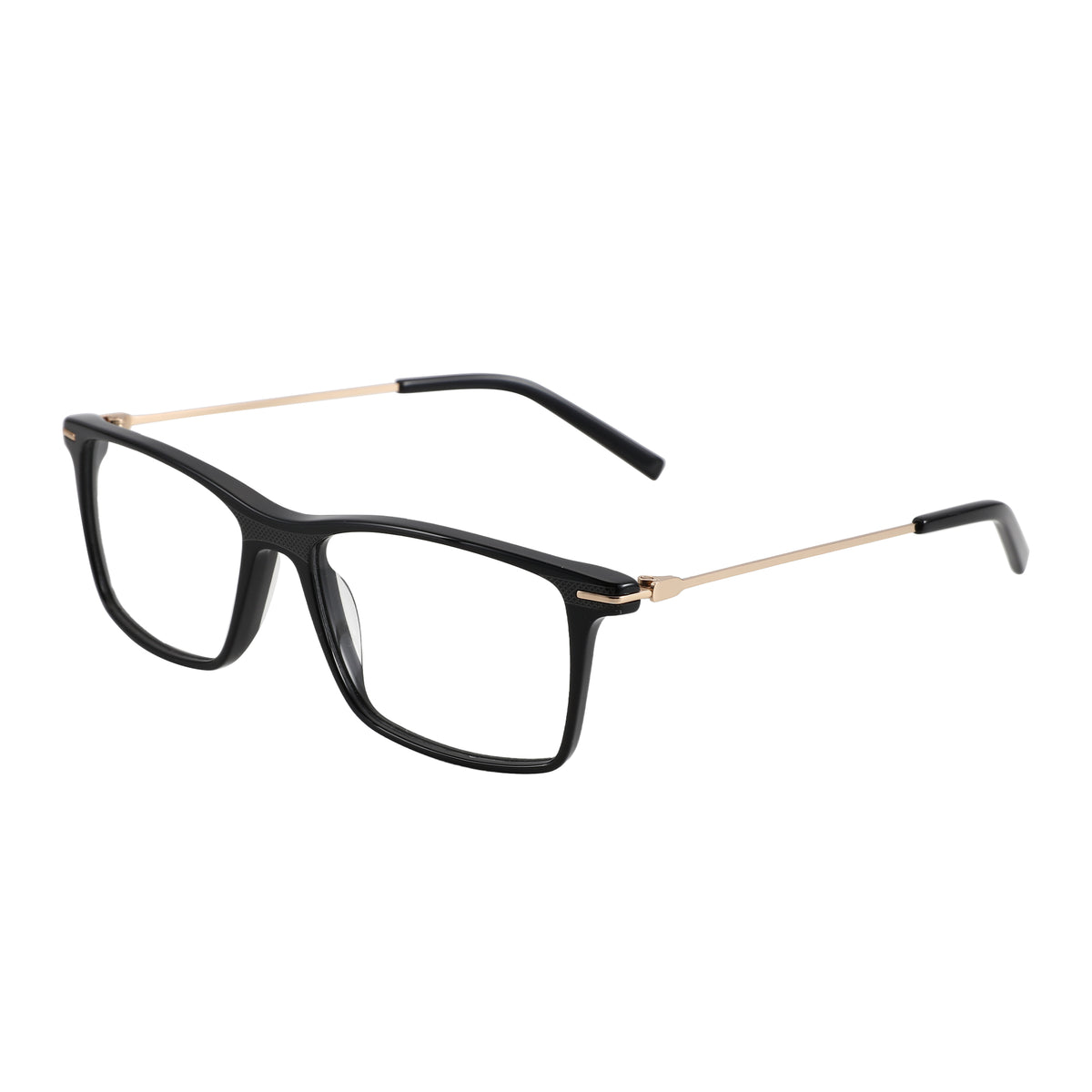 Zenottic Dunn eyeglasses: Square black acetate frame with gold temples, clear lenses.