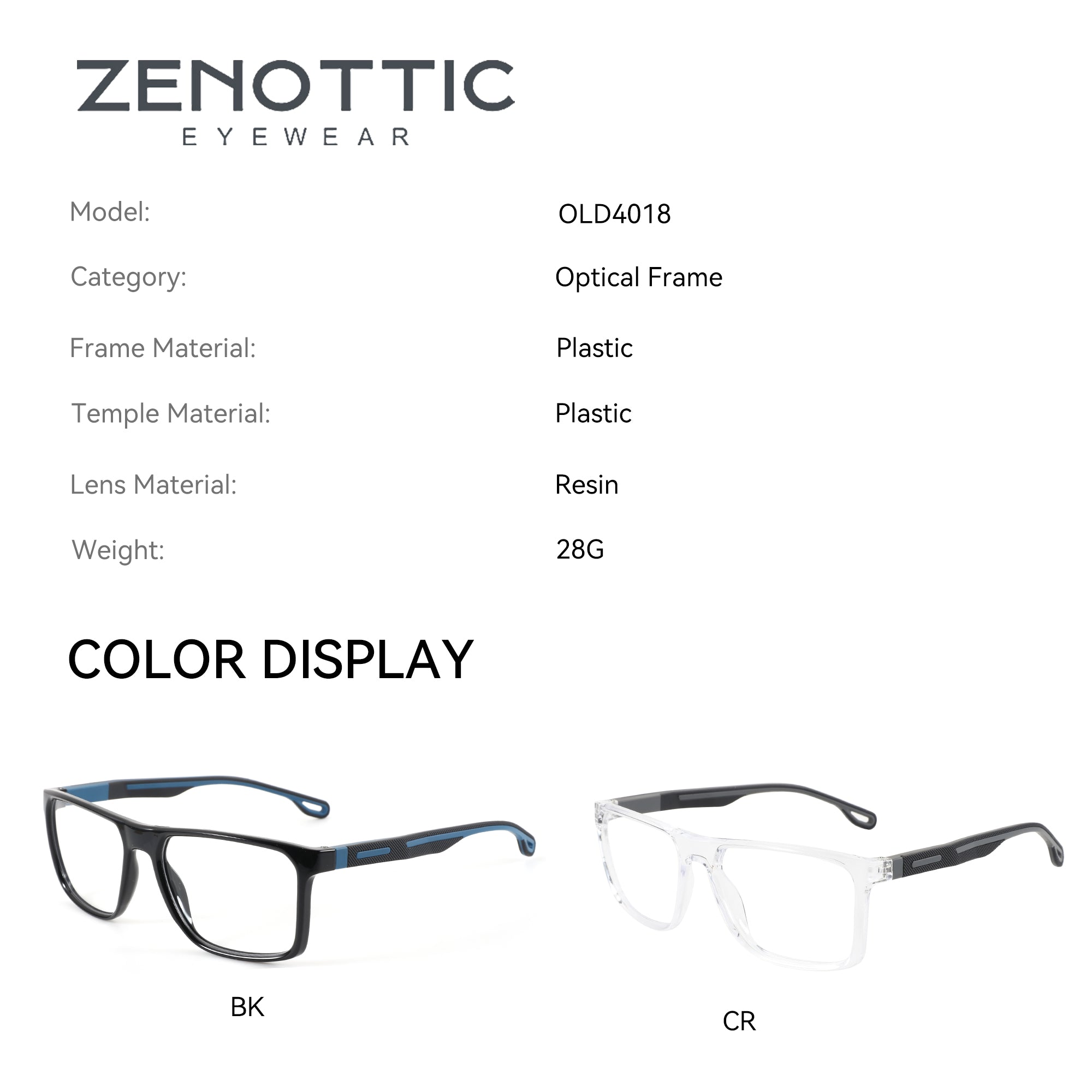 Zenottic Eyeglasses Pablo in black and clear plastic with blue accents. Model OLD4018.