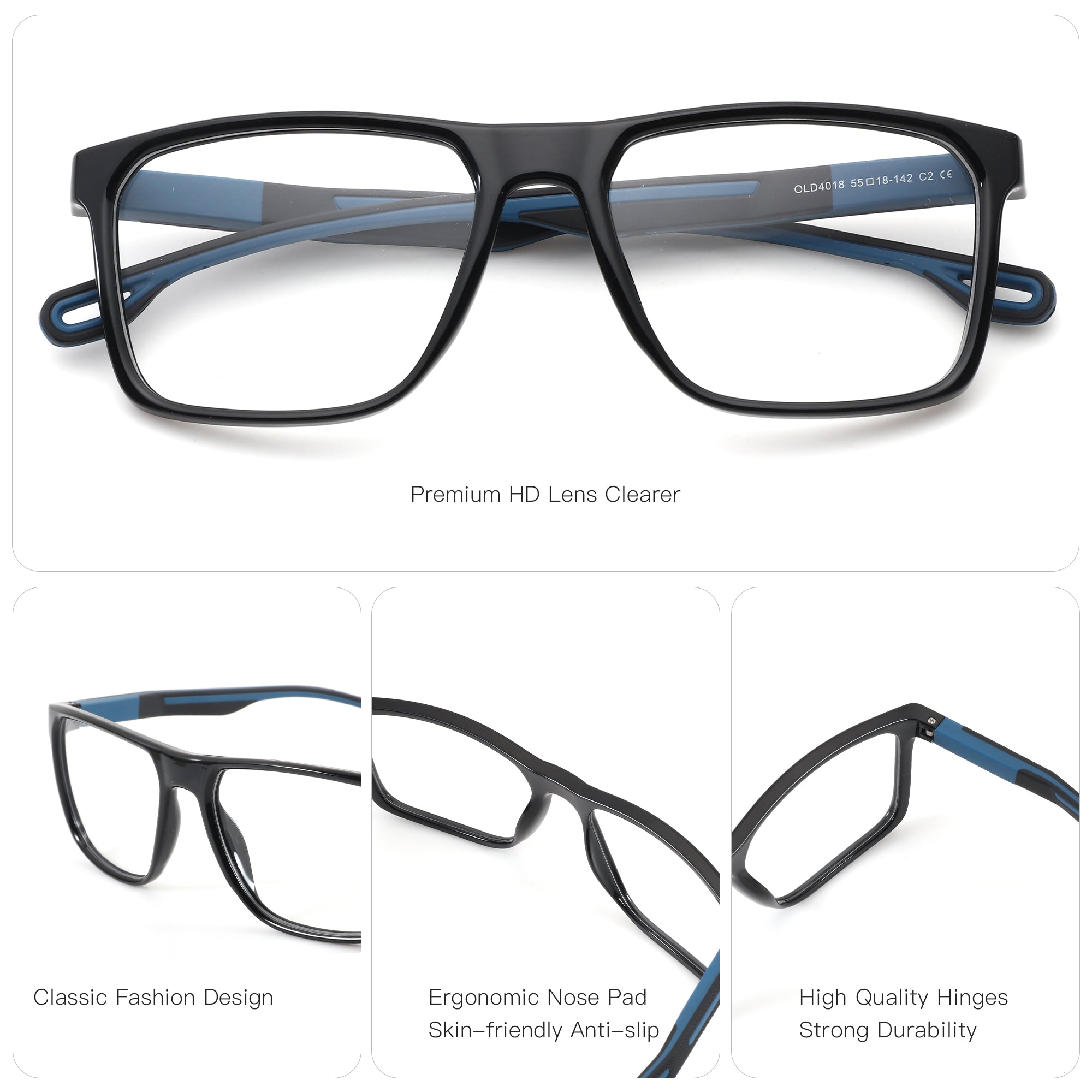 Zenottic Eyeglasses Pablo black frames with blue accents, classic fashion design, ergonomic nose pads, and durable hinges.