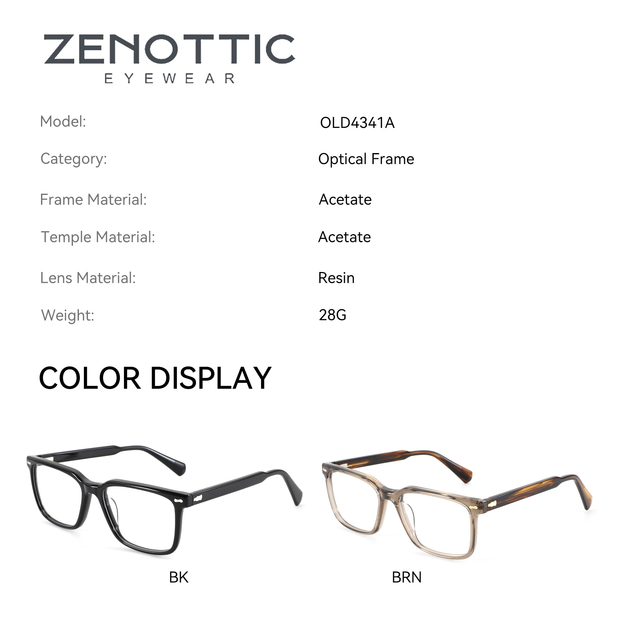 Zenottic eyeglasses Ted optical frames in black (BK) and brown (BRN), made with acetate and resin.