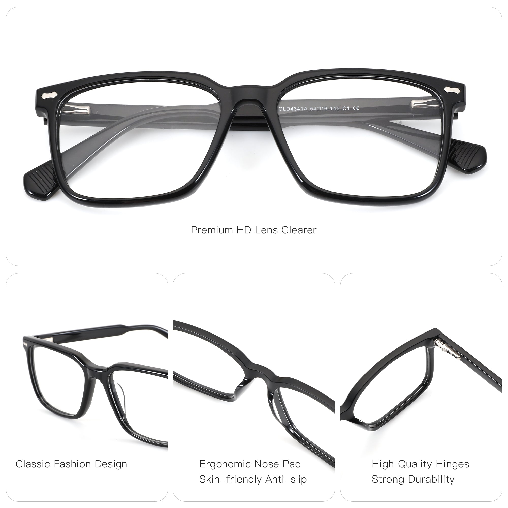 Zenottic Ted eyeglasses with black acetate frame, classic design, ergonomic nose pad, and durable hinges.