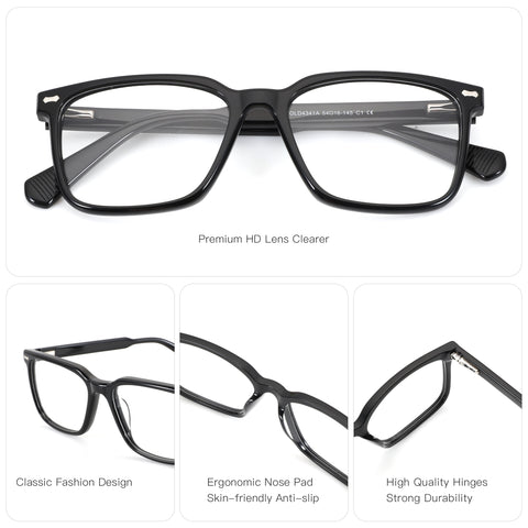 Zenottic Ted eyeglasses with black acetate frame, classic design, ergonomic nose pad, and durable hinges.